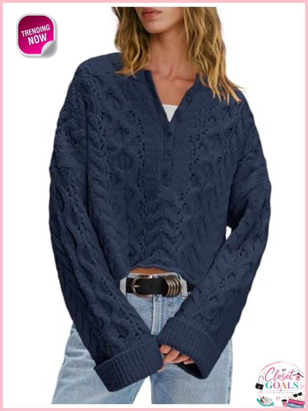 Cable Knit Cropped Sweater Bell Sleeve Crew Neck Button Detail Pullover
